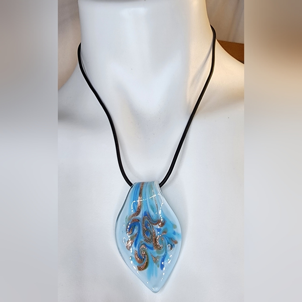 Artisan Blue and Gold Glass Swirl Pendant Necklace